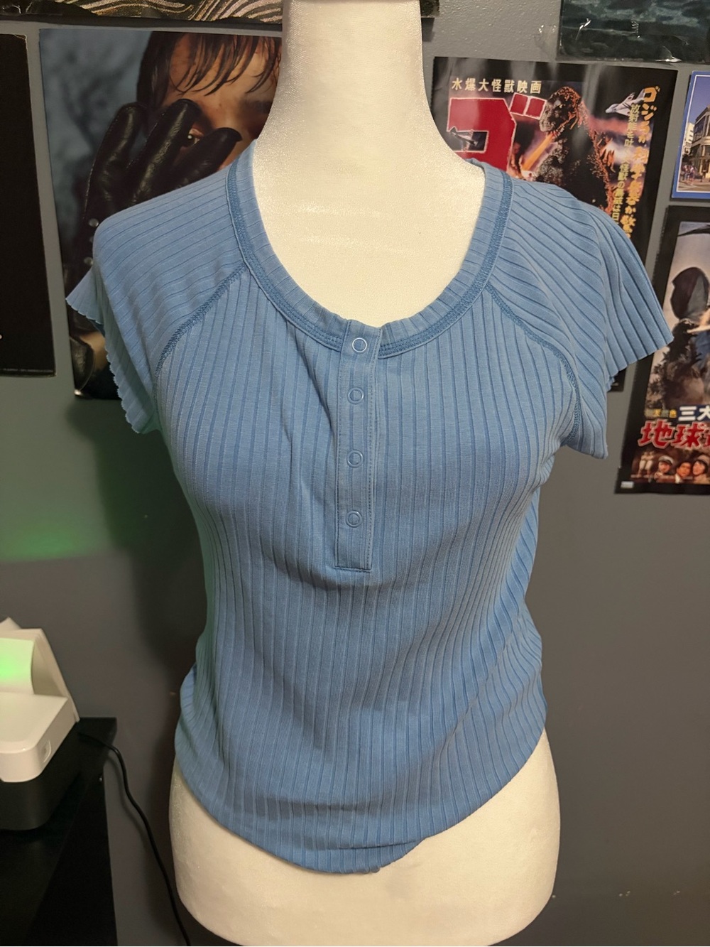 Aeropostale Light Blue Ribbed Henley Short Sleeve Tee